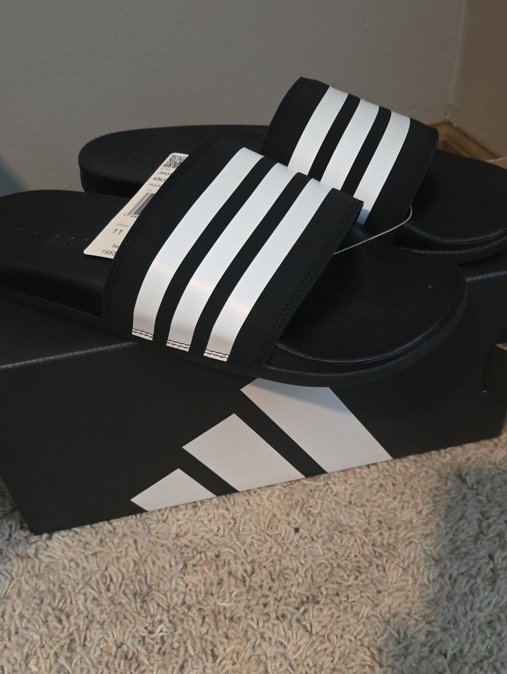 adidas Black Slide Sandals with White Three-Stripes Mens 11 OR Womens 12